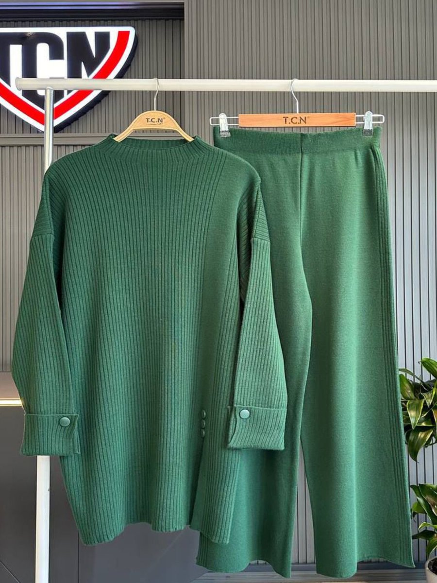 Bold Grup Yeşil Standart Triko Fitilli Düğme Detalı İkili Tunik Pantolon Takım