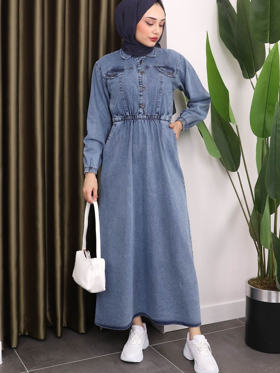 İmajbutik Mavi Yaka Düğmeli Bel Lastikli Kot Elbise