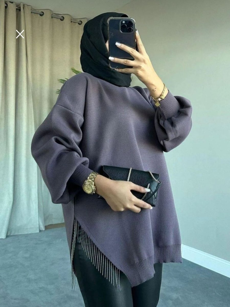 Sfg Life Moda Testtür Giyim Bisiklet Yaka Yırtmaç Taşlı Balon Kollu Oversize Triko Tunik