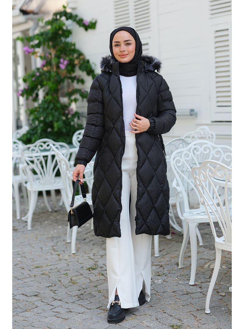Locco Moda Siyah Baklava Desenli Bel Bağlamalı Mont