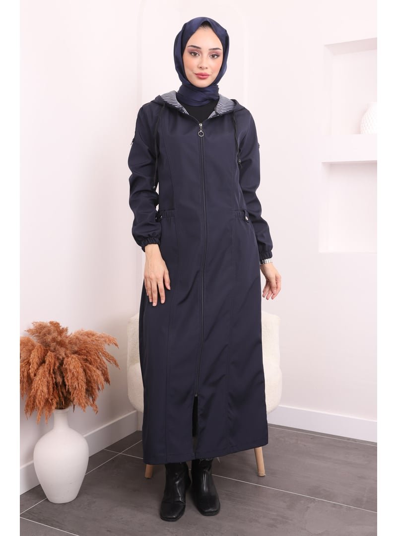 İmaj Butik Lacivert Kapüşonlu Kol Lastikli Uzun Trençkot