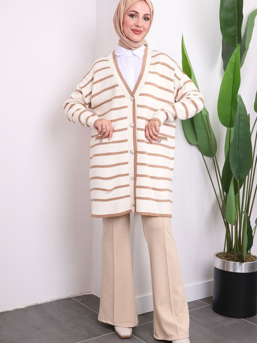 İmajbutik Krem/vizon Düğmeli Çizgili Uzun Triko Hırka