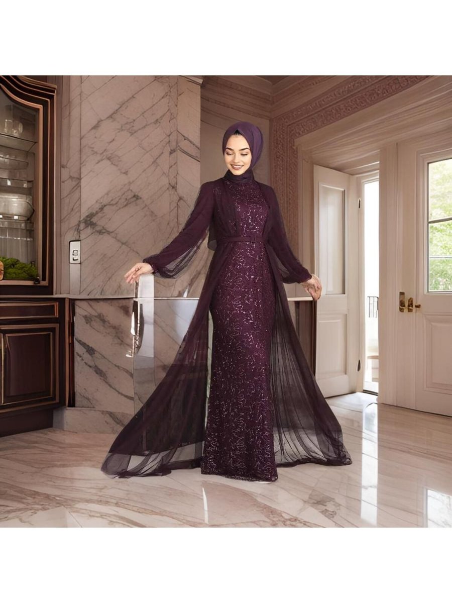 Nursima Pul Payetli Kemerli Şifon Detaylı Abiye Elbise