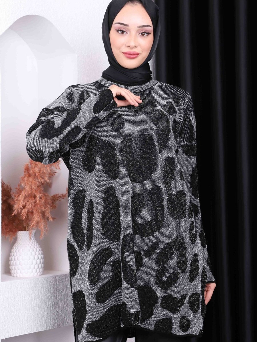 İmajbutik Siyah Desenli Simli Triko Tunik