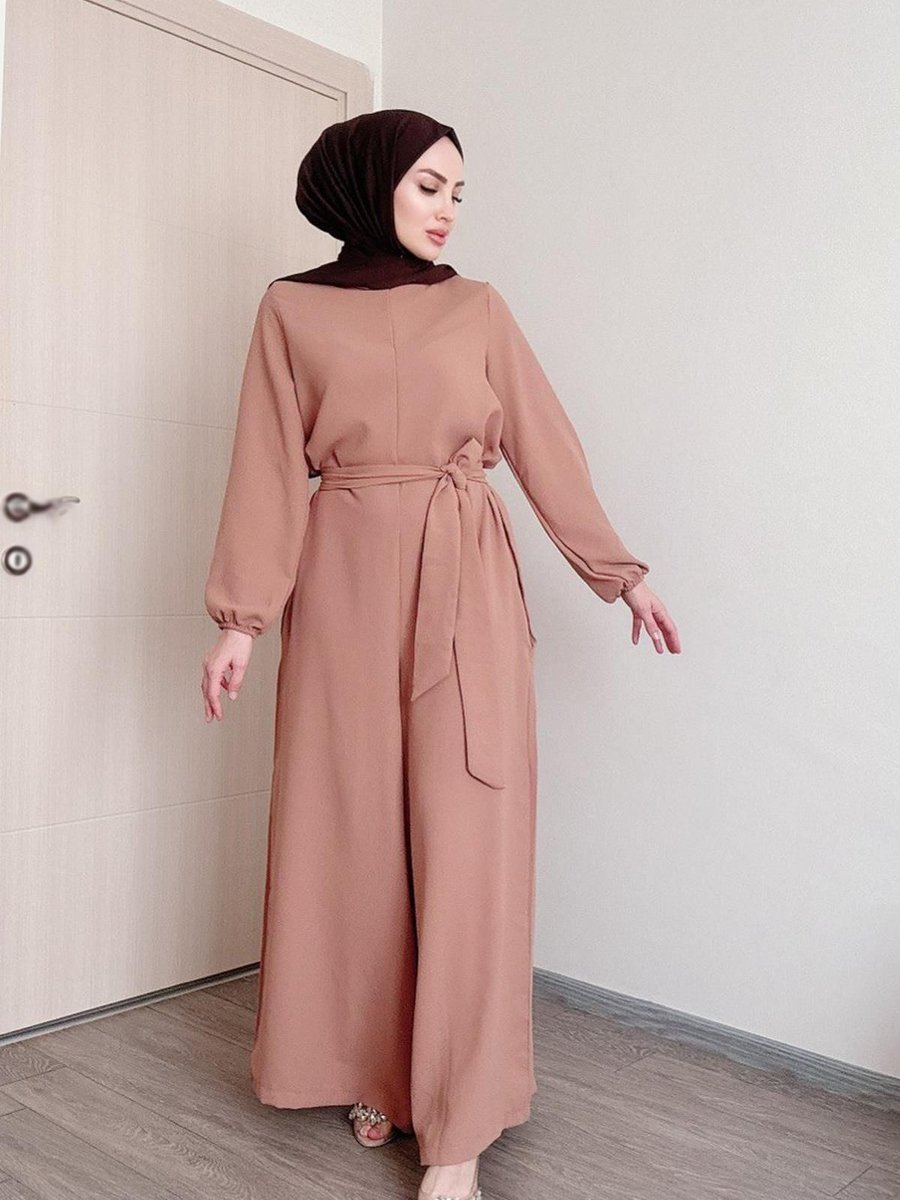 Sayra Shawl Kadın Bej Kuşaklı Salaş Kesim Tesettür Tulum