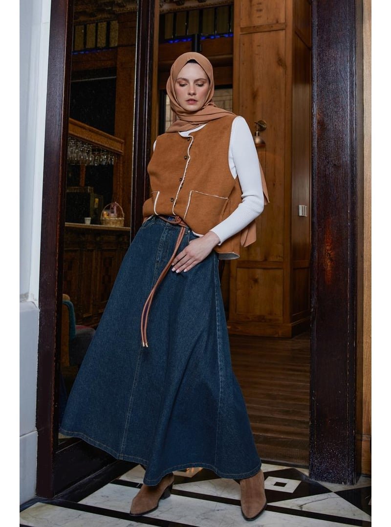 Allday Koyu Mavi Cepli Patletli Denim Etek