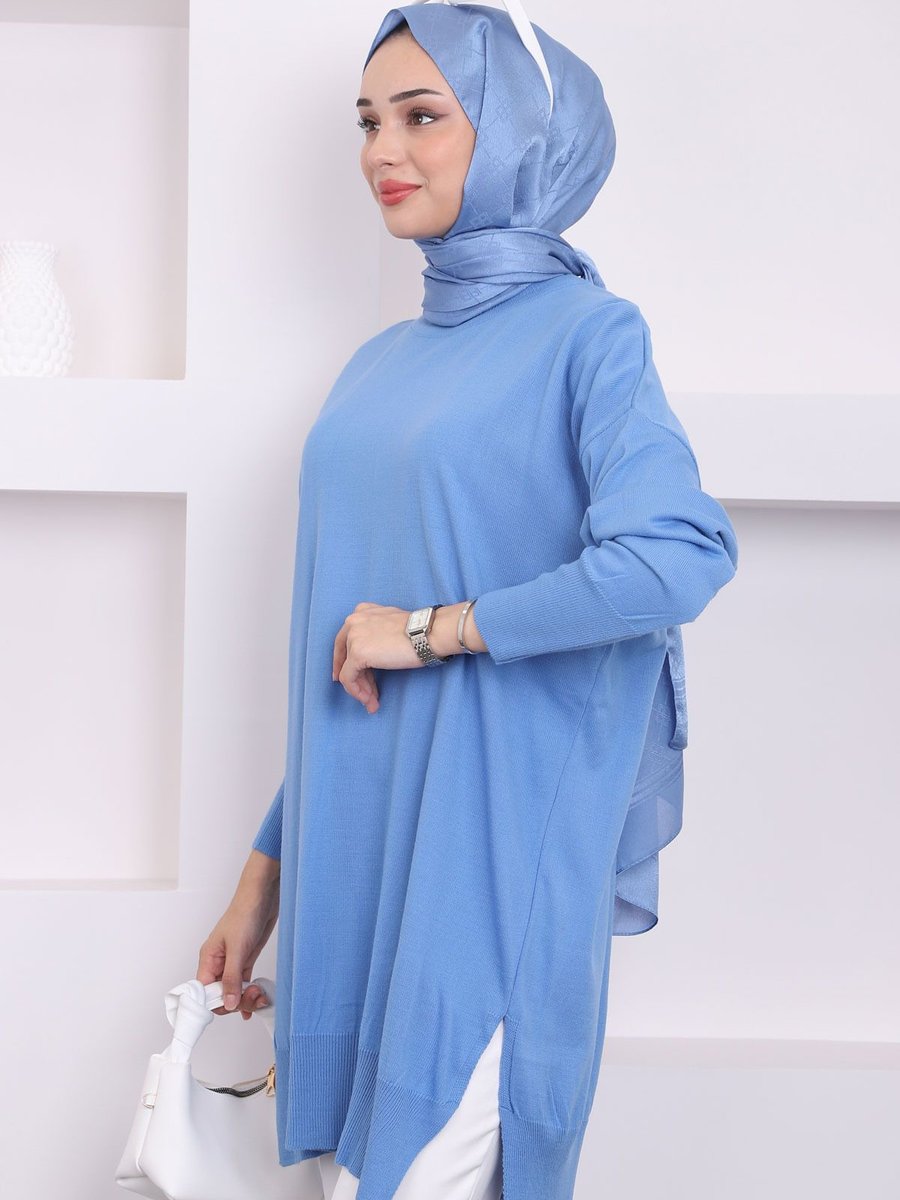 İmajbutik İndigo Bisiklet Yaka İnce Merserize Salaş Triko Tunik