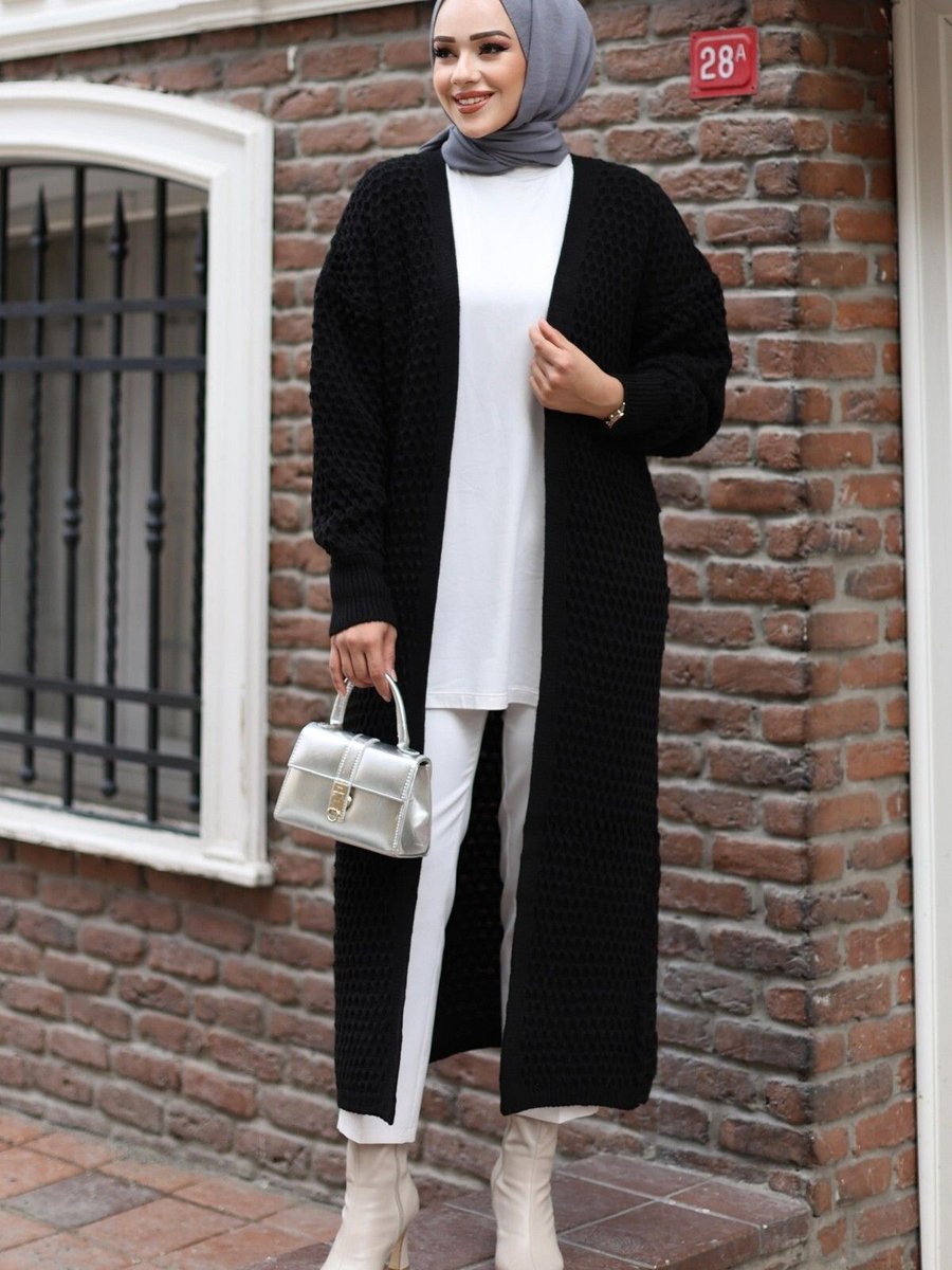 Qumet Oversize Petek Örgü Detaylı Kolu Lastikli Trend Uzun Triko Hırka
