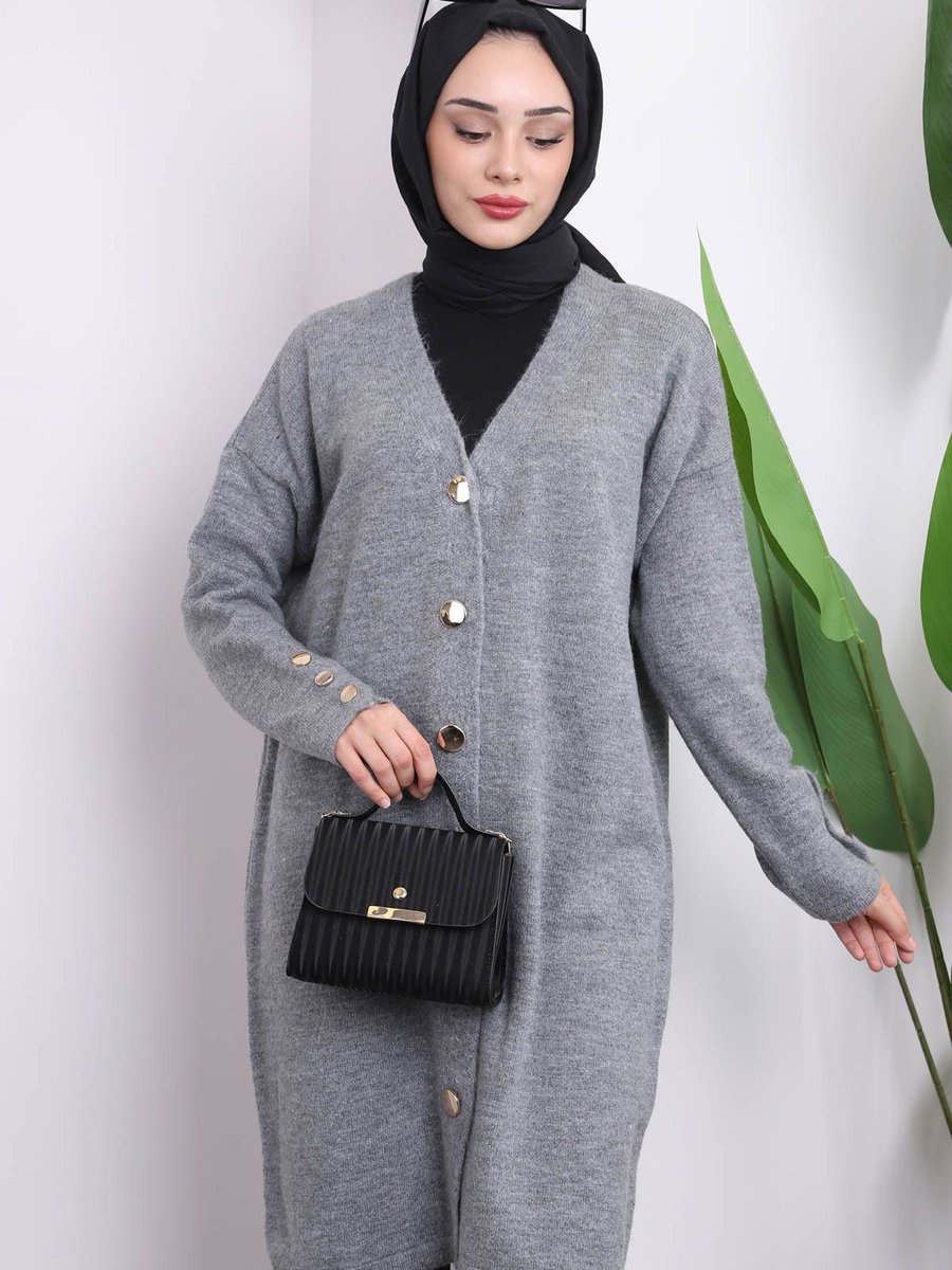 İmajbutik Gri Düğmeli Uzun Şardonlu Triko Hırka