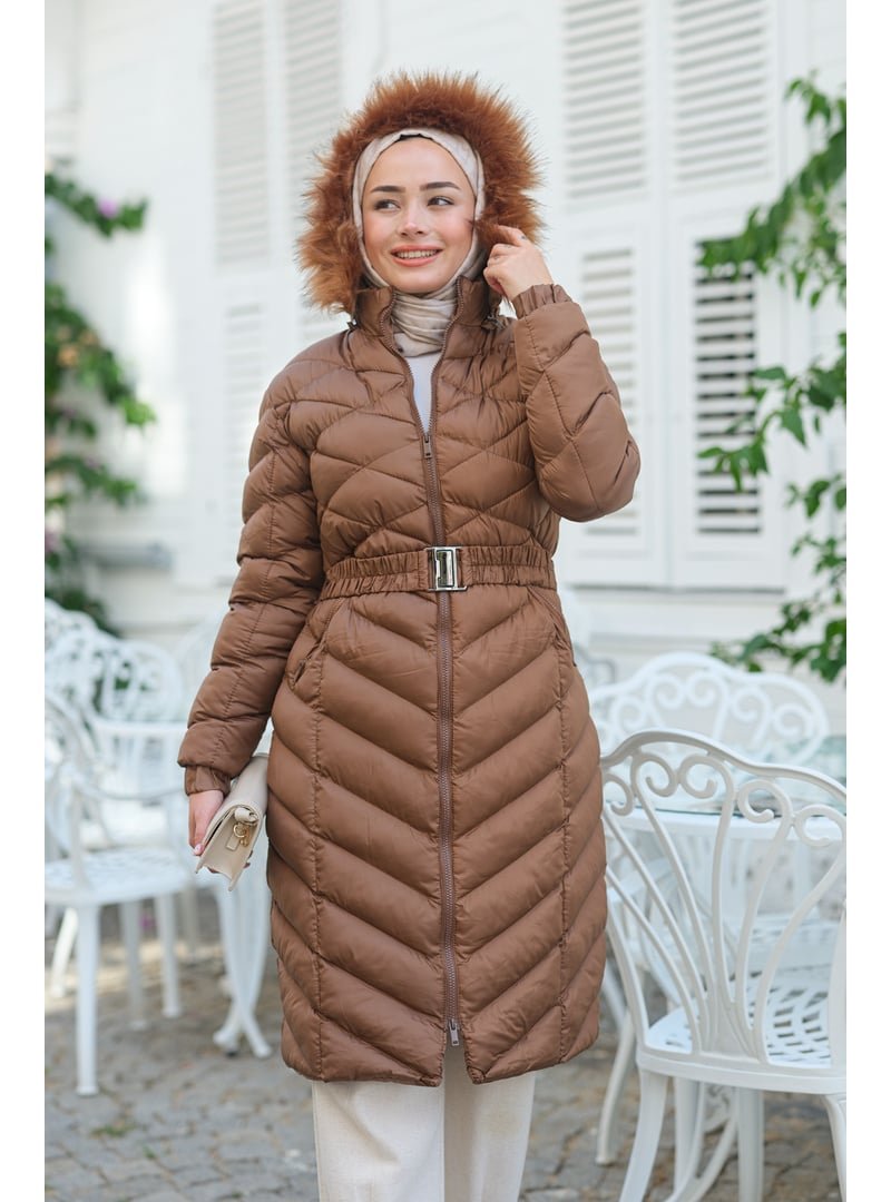 Locco Moda Taba Kapüşonlu Kemer Detaylı Şişme Mont