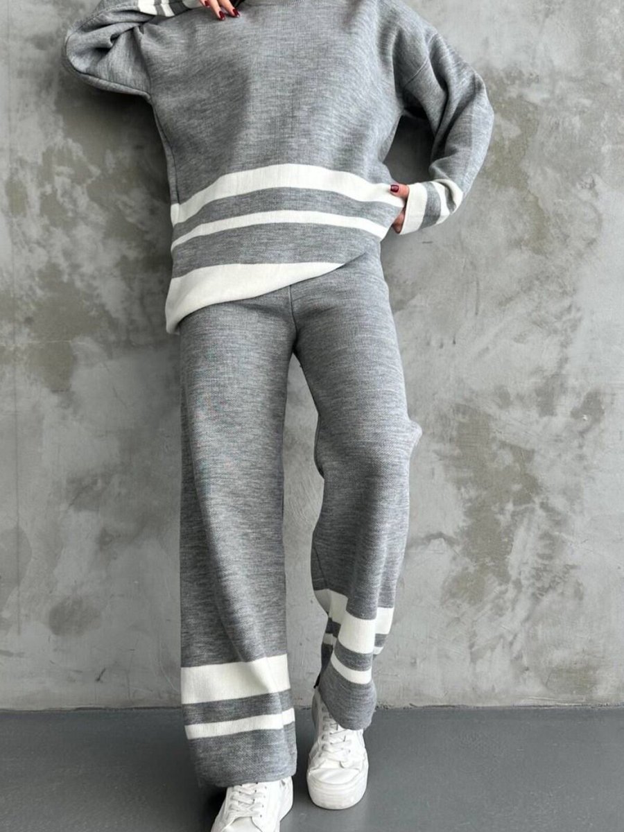 VOLT CLOTHİNG Gri Pantolonlu Şeritli Triko Takım