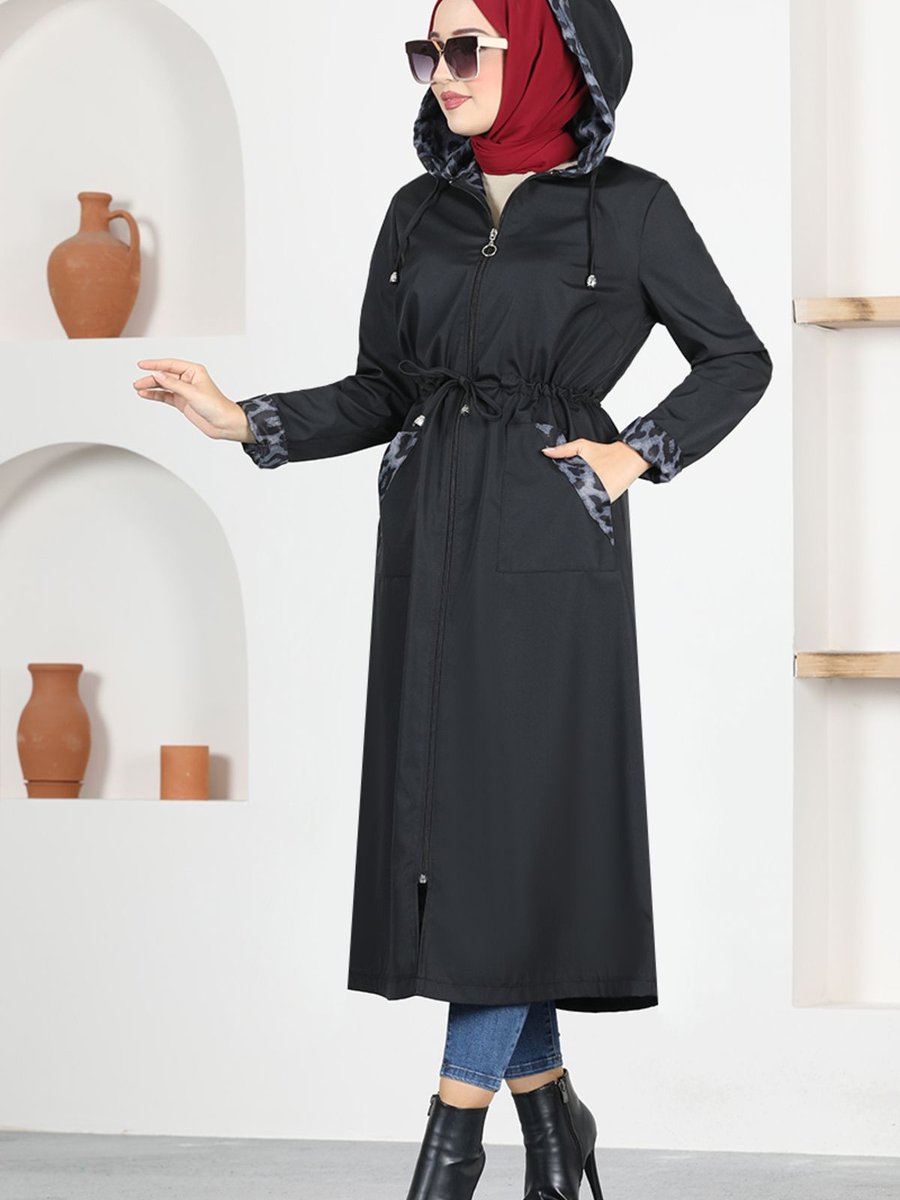 Ayşe Melek Giyim Abiye Moda Leopar Desenli Kapüşonlu Bondit Kap