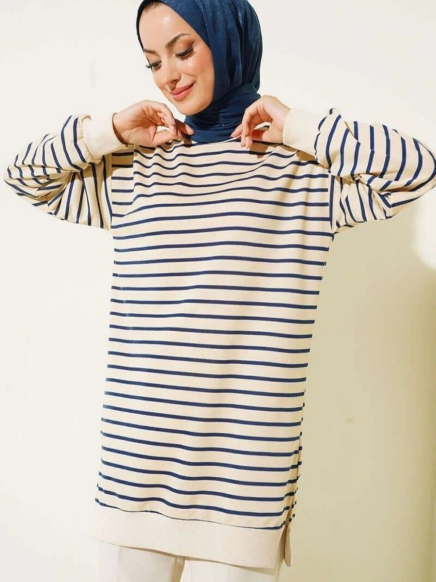 Moda Luxwomen Çizgili Yuvarlak Yaka Uzun Sweatshirt Tunik