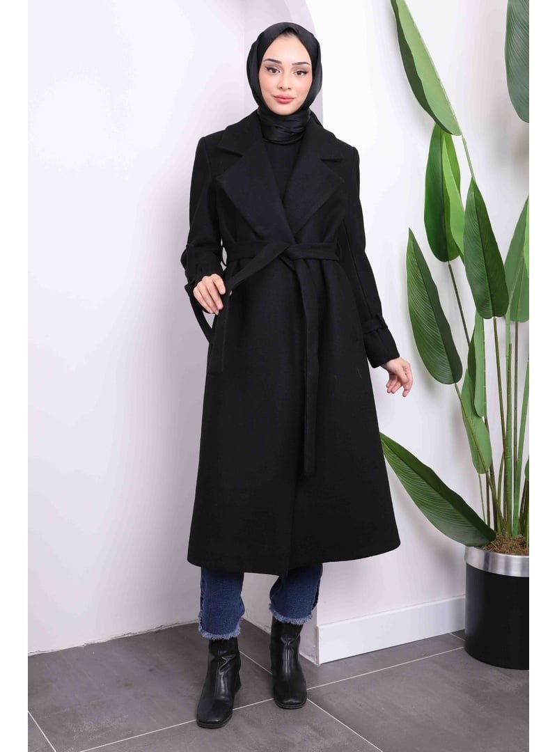 İmaj Butik Siyah Bel Kuşaklı Kaşe Kaban