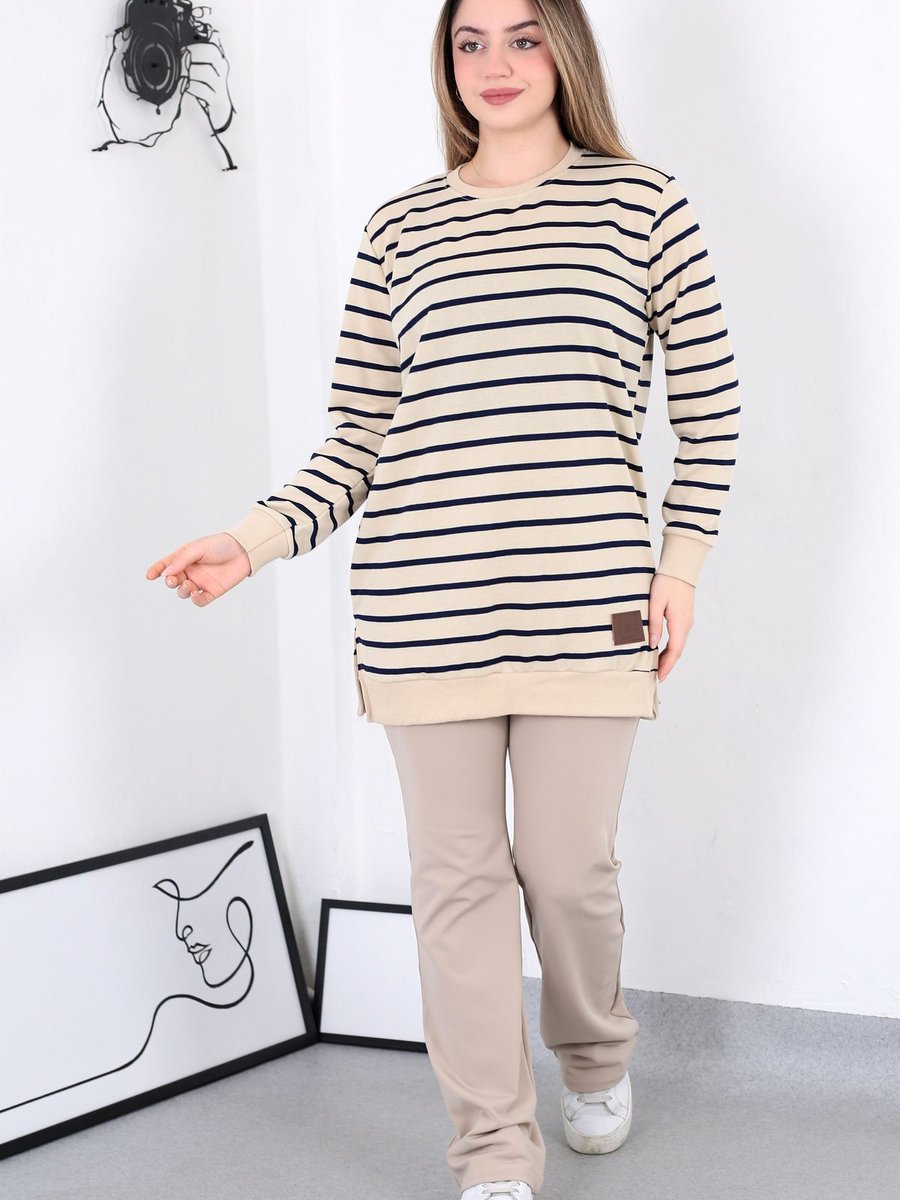 Modapelsu İki İplikli Tesettür Tunik Çizgili Sweatshirt