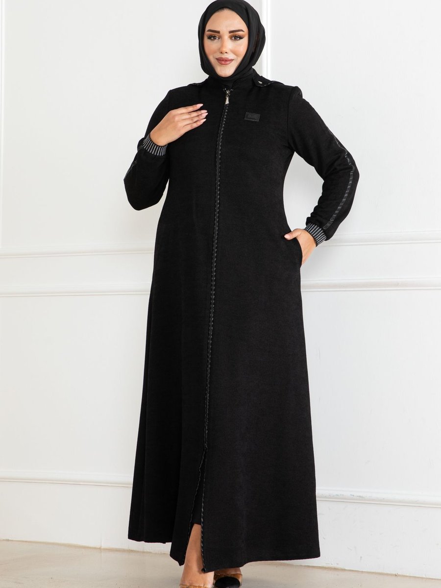 Butik Şönil Kumaş Kapşonlu Fermuarlı Mevsimlik Ferace Siyah