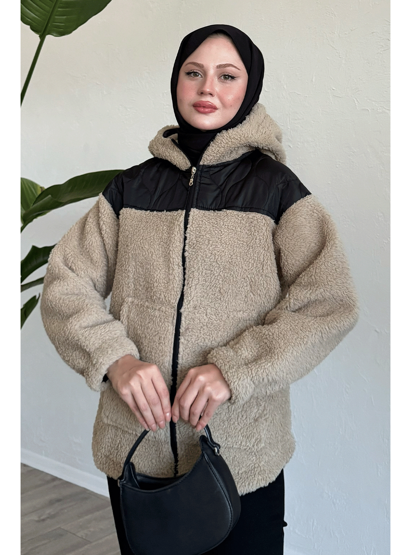InStyle Kapitone Detay Bej Peluş Hırka