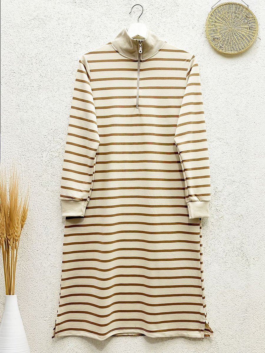 Modaqu Dik Yaka Çizgili Tunik Camel