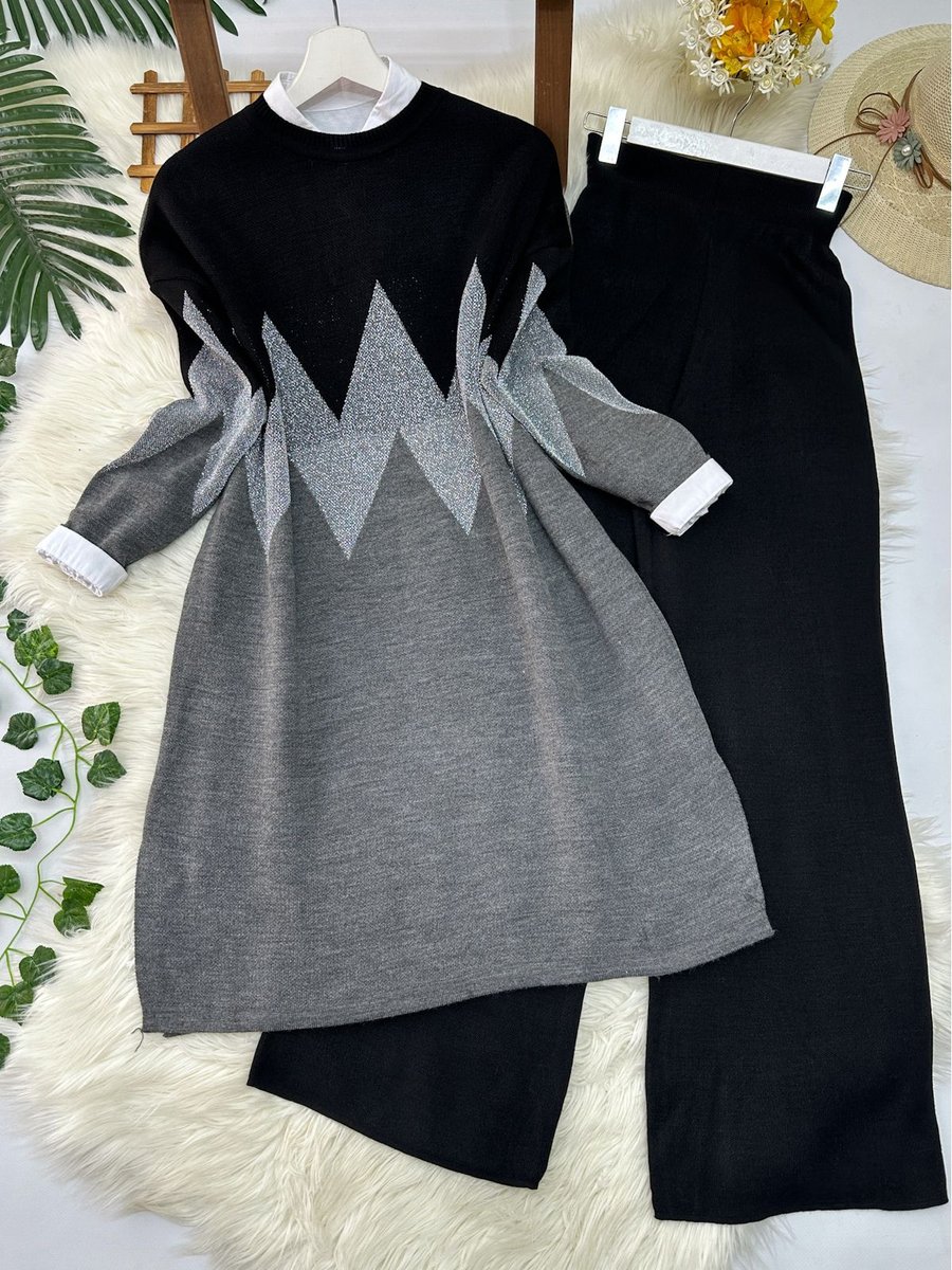 Modaqu Zikzak Triko Tunik Pantolon Takım Siyah