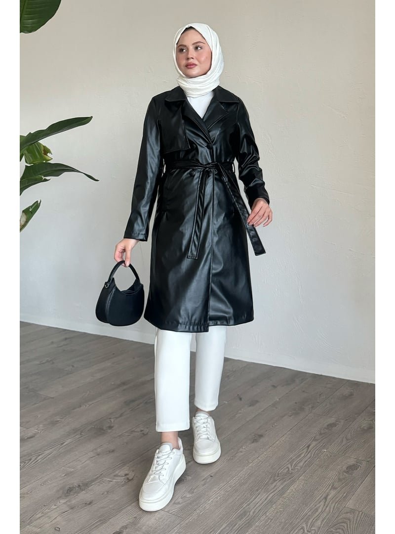 InStyle Siyah Kemerli Dar Kalıp Deri Trenç
