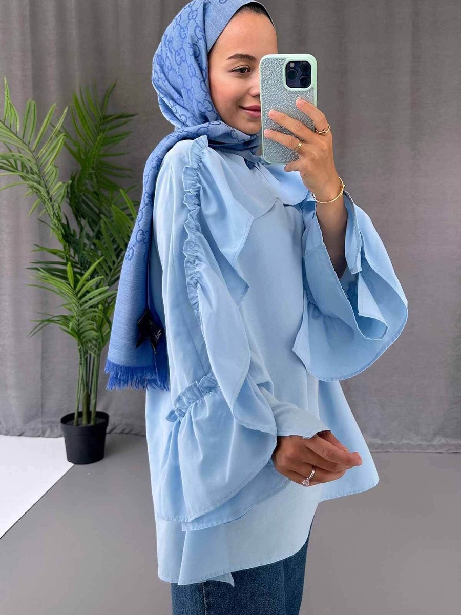Ka Hijab Fırfır Detay Gömlek Mavi