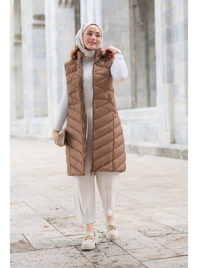 Locco Moda Taba Kapüşonlu Kolsuz Şişme Yelek
