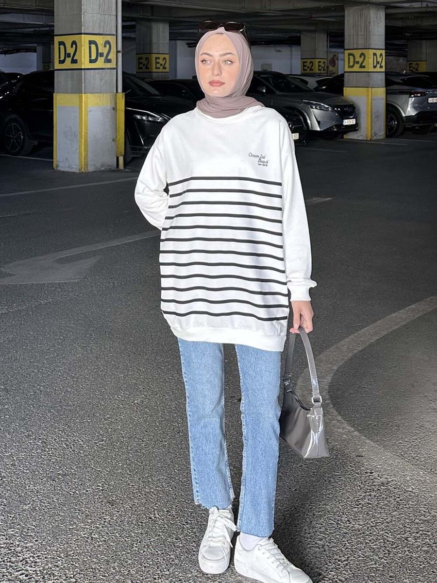 Lamelif Çizgili Ocean Baskılı Sweat