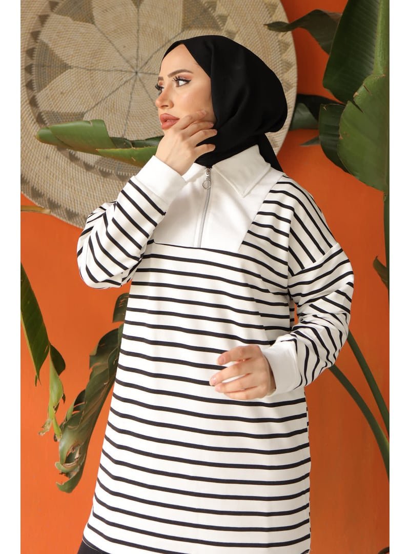 İmaj Butik Siyah Yaka Fermuarlı Çizgili İki İplik Sweatshirt