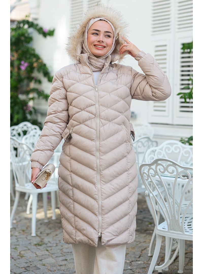 Locco Moda Krem Kapüşonlu Kemer Detaylı Şişme Mont