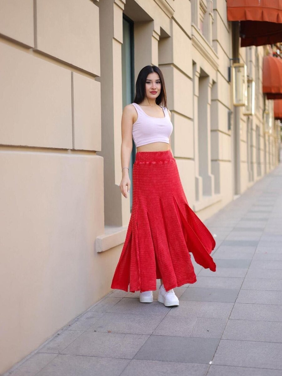 EREN STYLE Kırmızı Bohem Yıkamalı Parçalı Beli Lastikli Astarlı Koton Uzun Etek