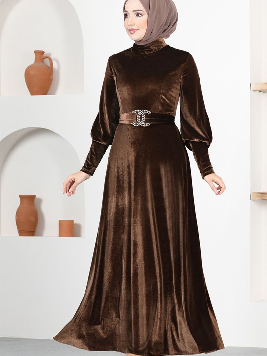 Ayşe Melek Giyim Moda Taş Tokalı Kadife Abiye Elbise