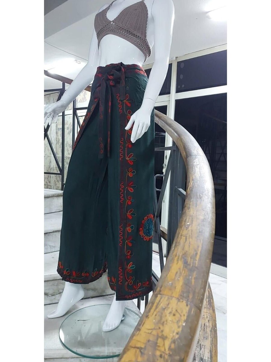 EREN STYLE Yeşil Otantik Nakış İşlemeli Harem Şalvar Bulmaca Pantolon
