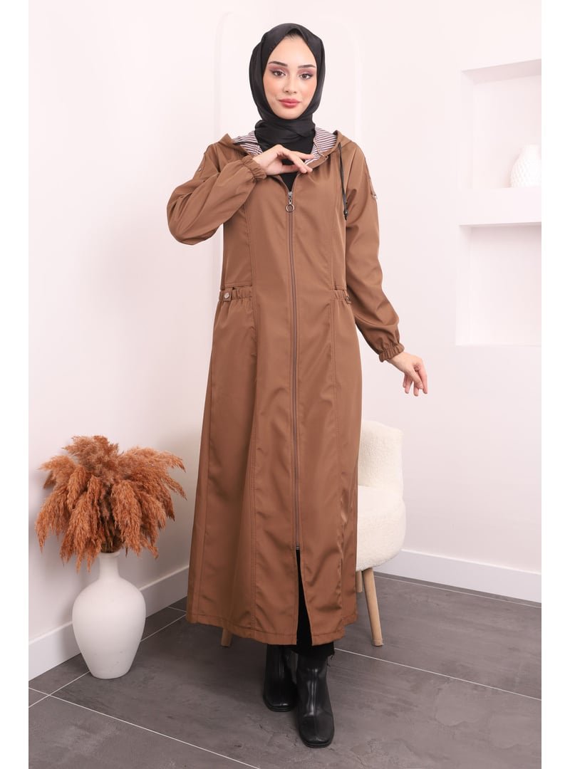 İmaj Butik Taba Kapüşonlu Kol Lastikli Uzun Trençkot