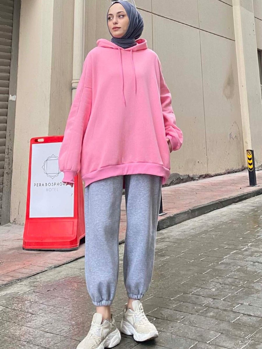 Lamelif Kapüşonlu Oversize Yan Cepli Sweat