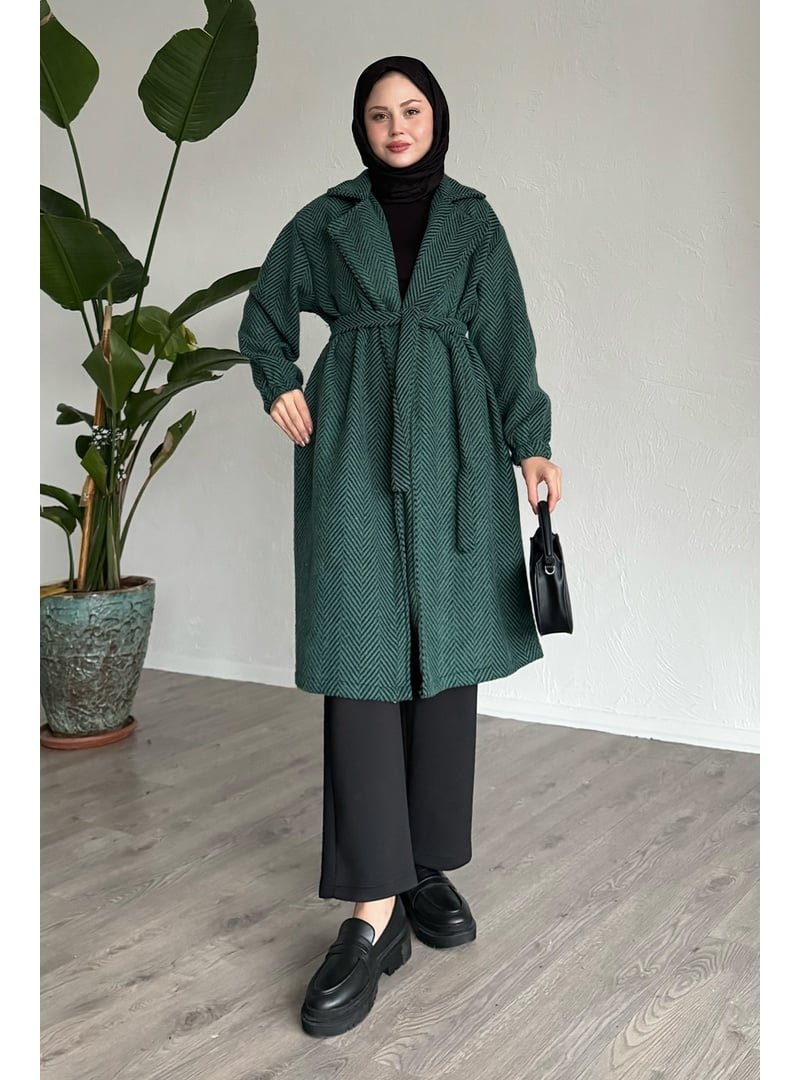 InStyle Balıksırtı Yeşil Kaşe Kaban
