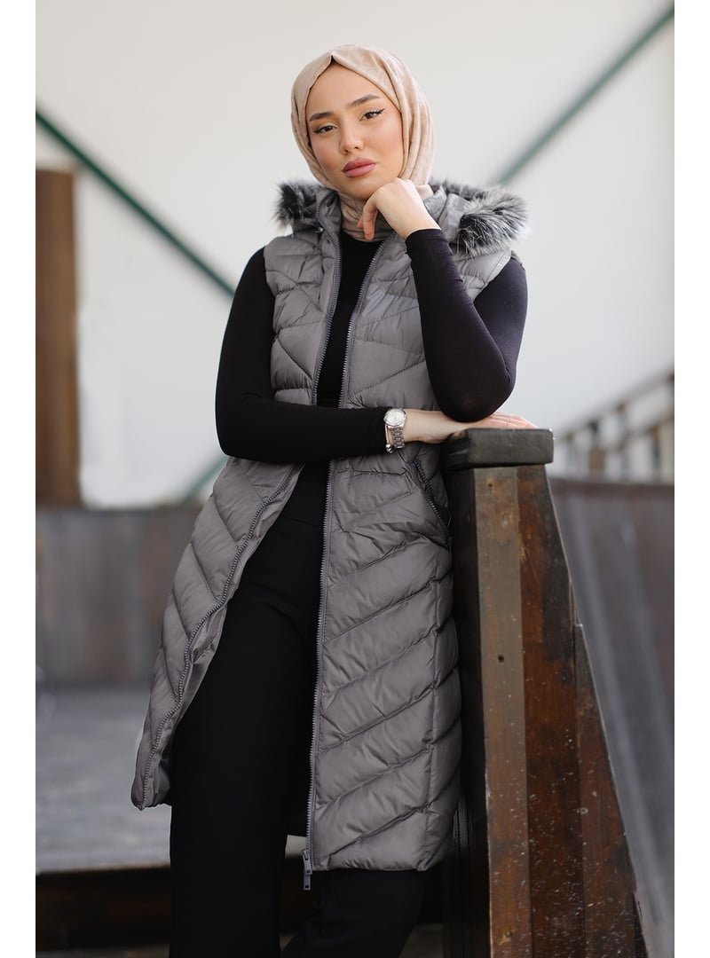 Locco Moda Gri Kapüşonlu Kolsuz Şişme Yelek