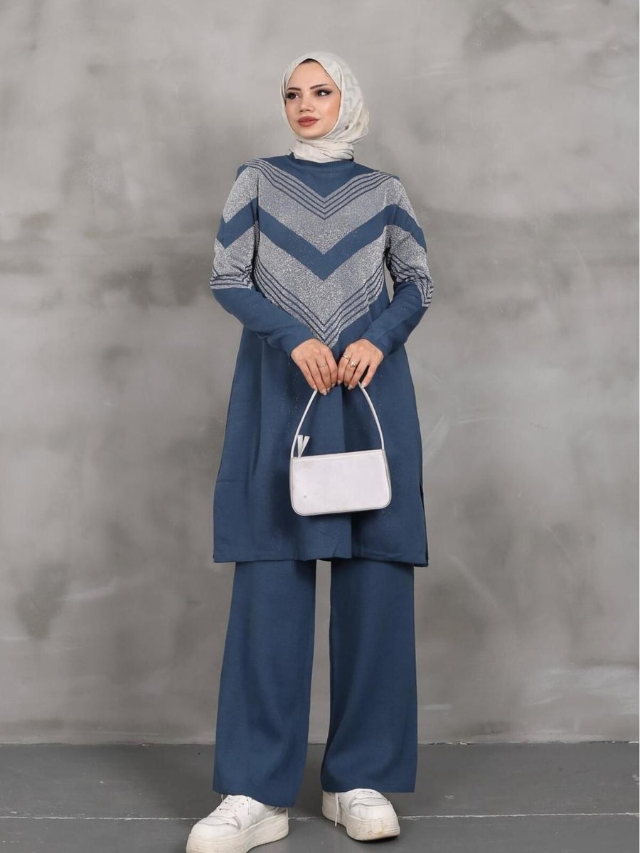 Moda Simli Triko Tunik Pantolon Takım