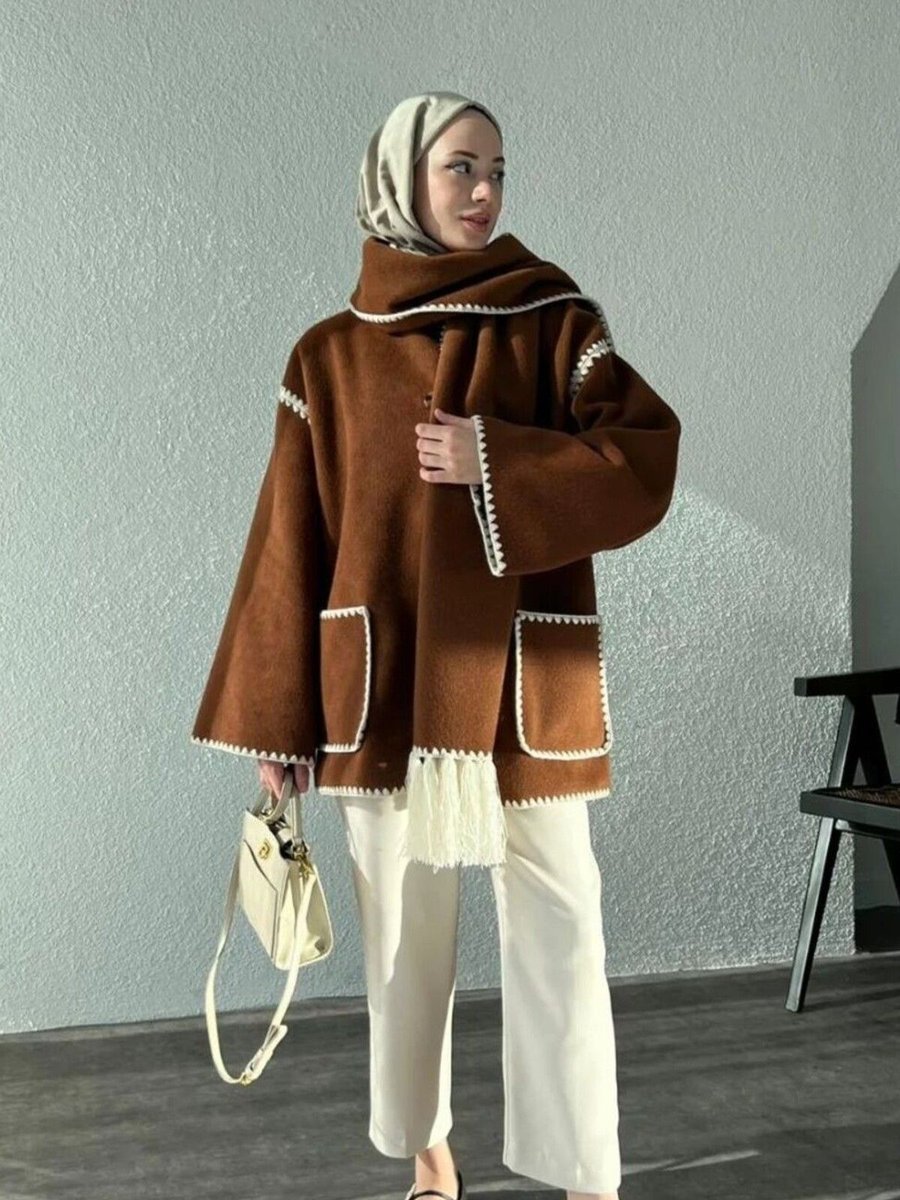 Alfudo Moda Collection Nakış Detaylı Atkılı Yumuşak Kaşe Kaban Ceket