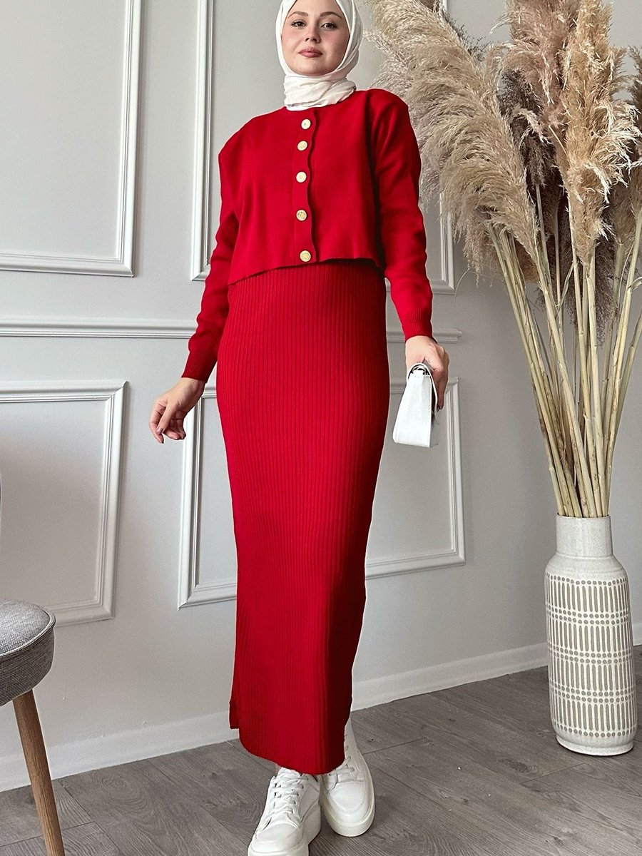 Instyle Hırkalı Fitilli İkili Kırmızı Triko Takım