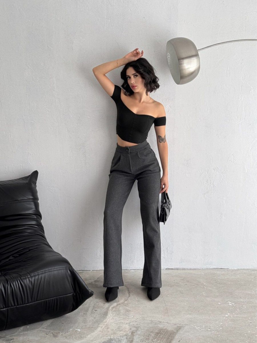 Winmoda Kadın Kaşe Pantolon Geniş Paça Baggy Yüksek Bel Maxi