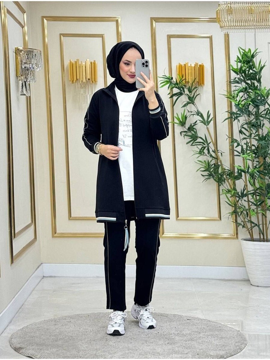 Moda4b Kadın Tesettür Takım Parça, İki İplik Kumaş N _ Siyah