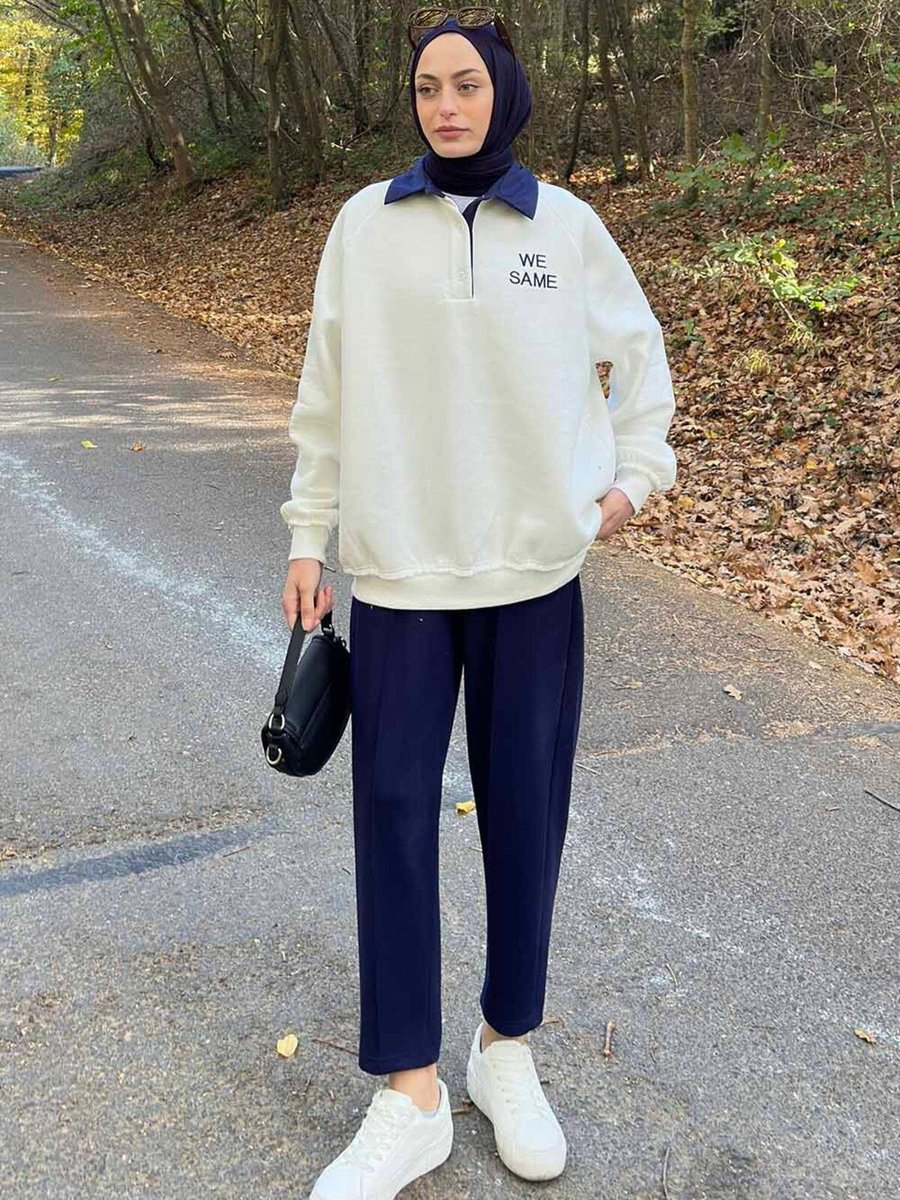 Lamelif Gömlek Yaka We Same Baskılı Üç İplik Sweatshirt