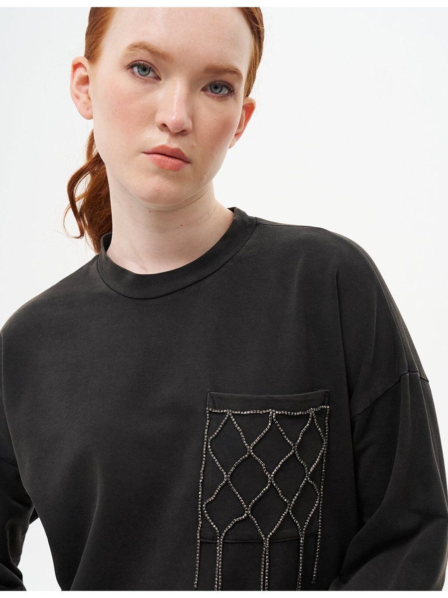 Kayra Taş İşlemeli İki İplik Sweatshirt Siyah