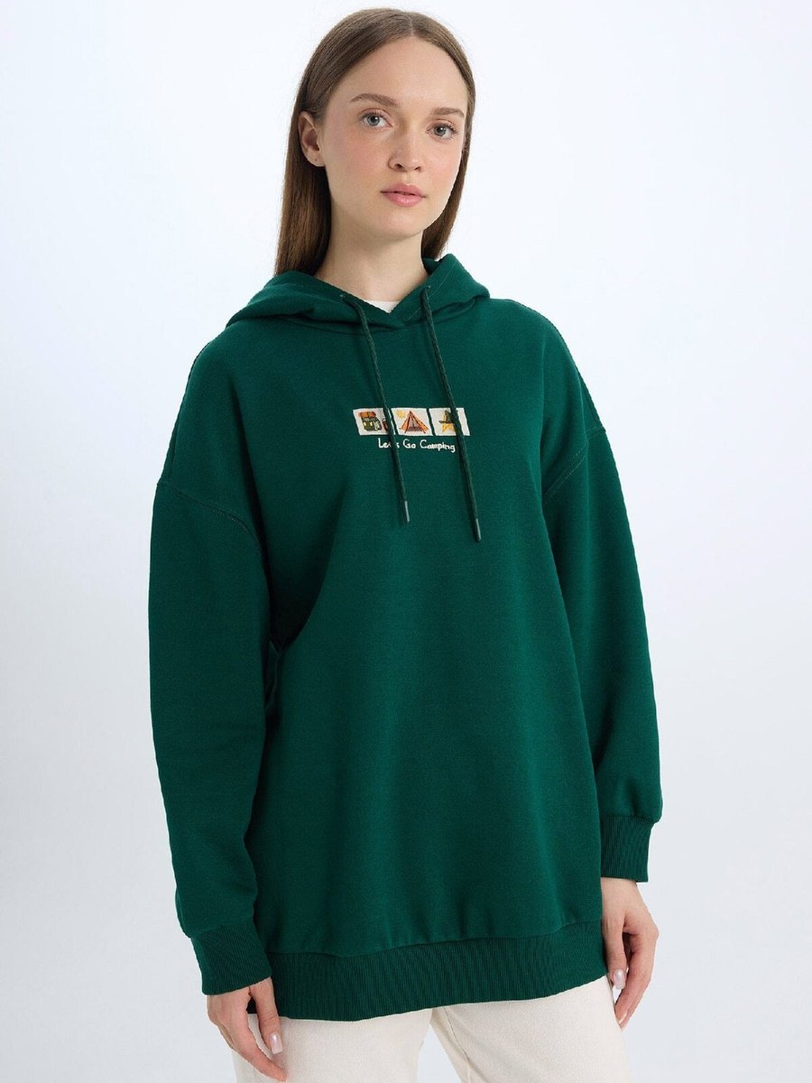Defacto Relax Fit Baskılı Kapüşonlu İçi Yumuşak Tüylü Kalın Kumaşı Sweatshirt Tunik E0318ax24wn