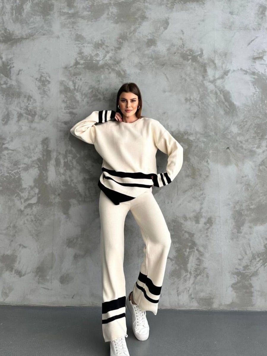 VOLT CLOTHİNG Krem Pantolonlu Şeritli Triko Takım
