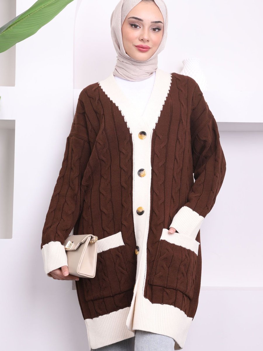 İmajbutik Kahverengi Cepli Düğmeli Triko Hırka