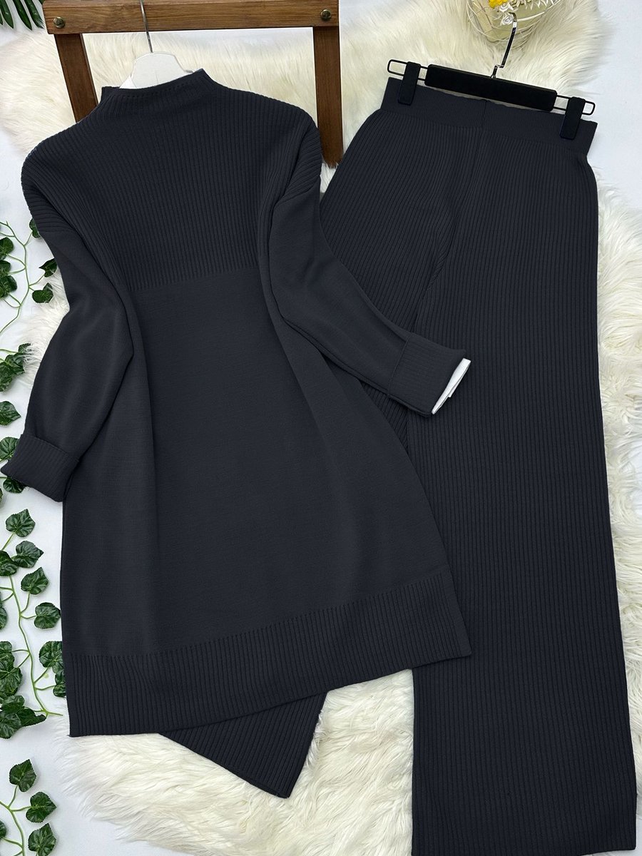 Modaqu Fitilli Triko Tunik Pantolon Takım Siyah