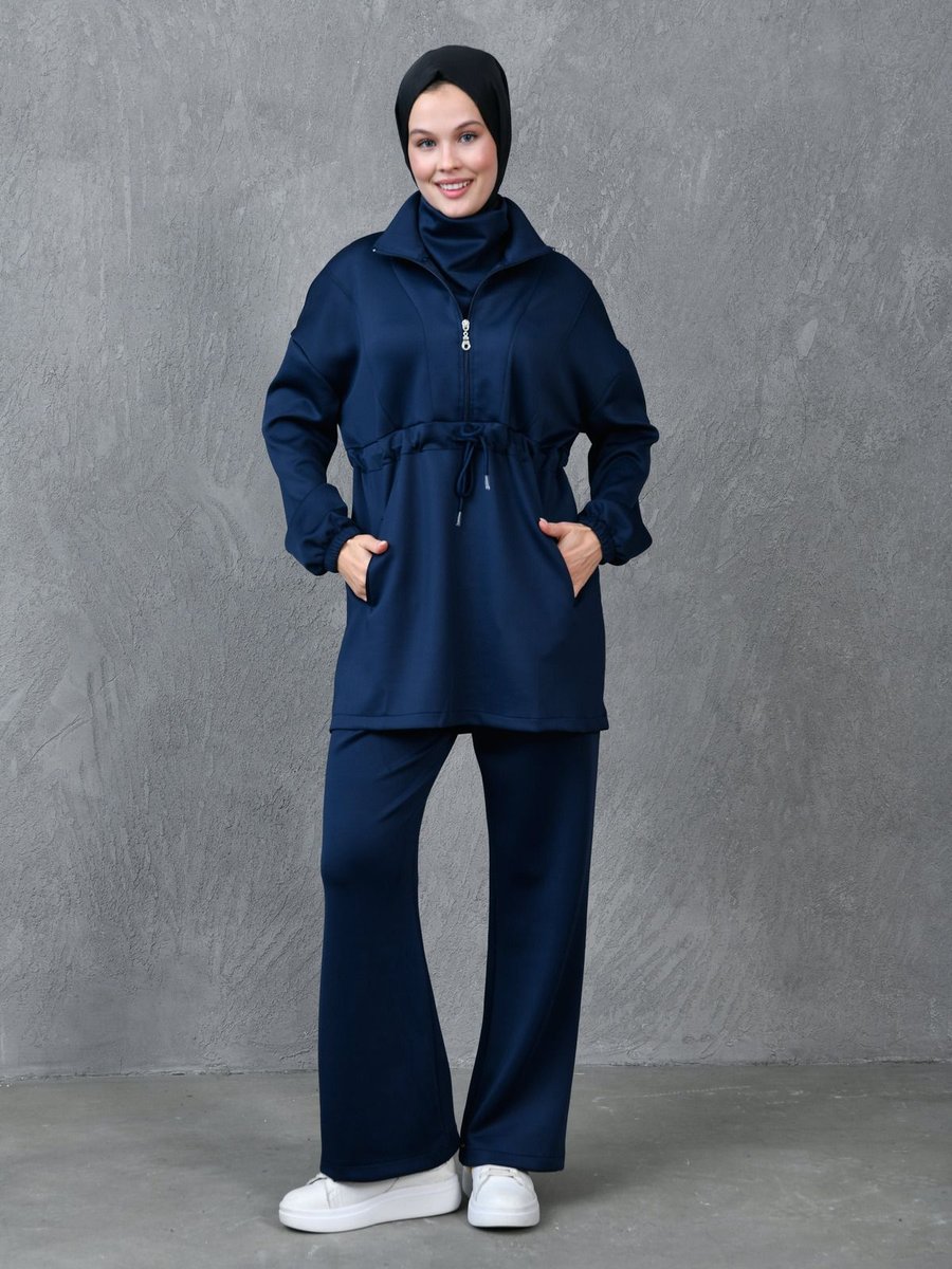 4s1b Fashion Dalgıç Kumaş Cep Detaylı Fermuarlı Oversize Giyim Lacivert Eşofman Takımı