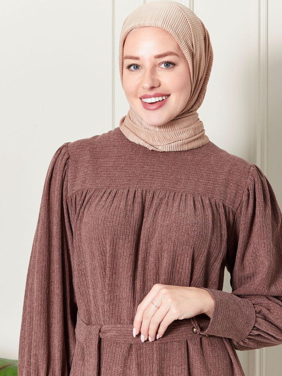 Fistan Fitilli Örgü İnce Kadife Kumaş Kemerli Kuşaklı Kışlık Göğüs Üstü Robadan Prenses Kol Elbise
