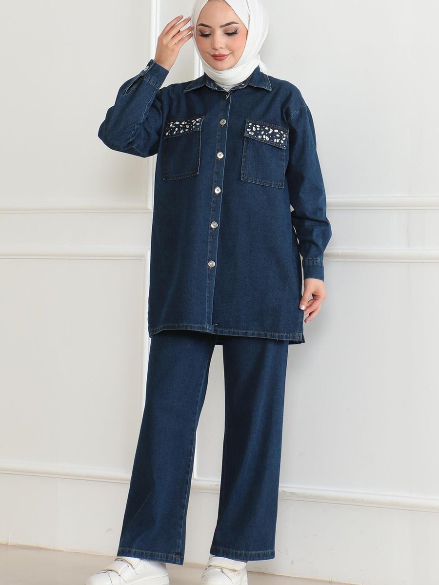 Modamihram Koyu Kot Düğmeli Taş Detaylı Takım